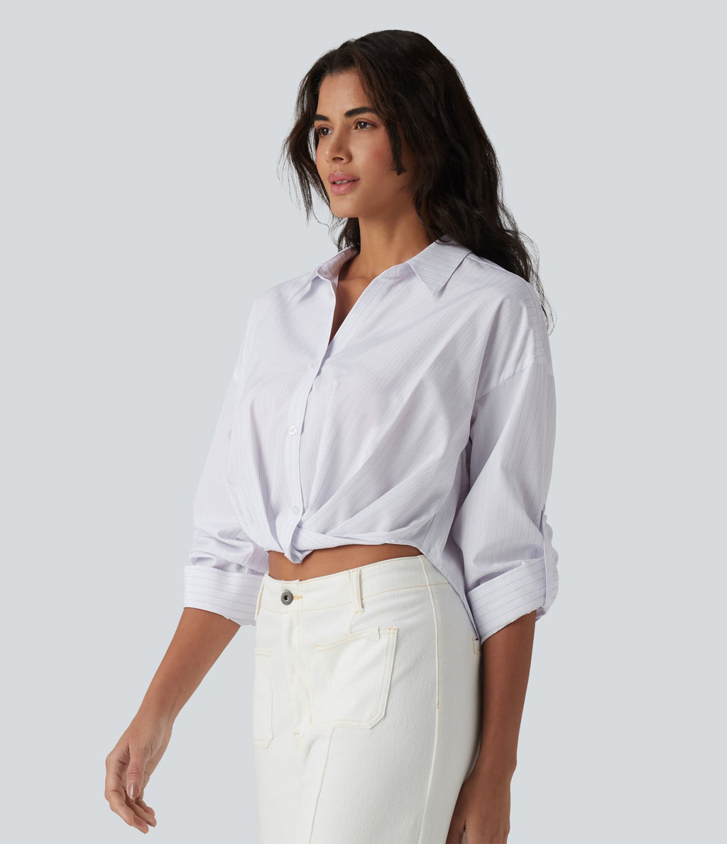 Chemise casual col manches retroussées torsadée asymétrique à rayures