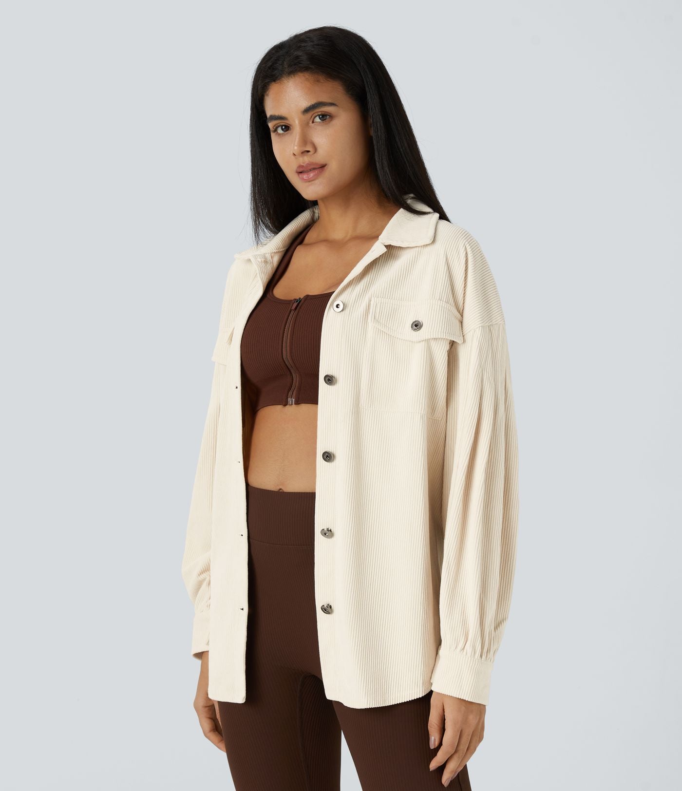 Veste Casual en Velours Côtelé à Col Boutonné Poches et Manches Longues Ourlet Courbé
