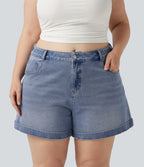 Short jean grande taille Halara Flex™ Denim casual taille mi-haute, ourlets retroussés, avec poches, 12,7 cm