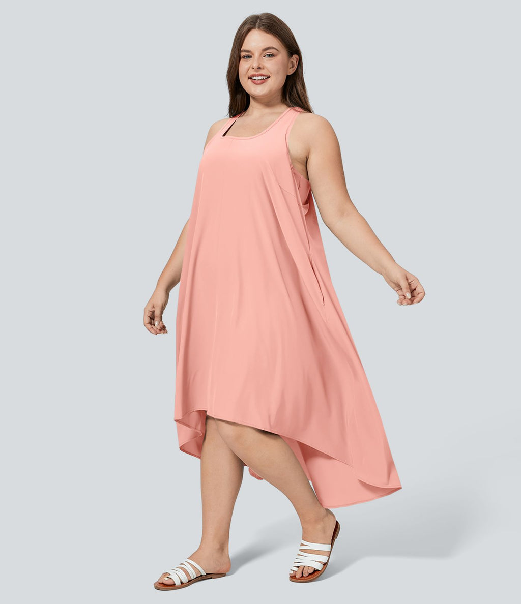 Breezeful™ Dos Nu Racerback Poche Latérale Haut Bas Fluide Midi Séchage Rapide Décontracté Robe Grande Taille