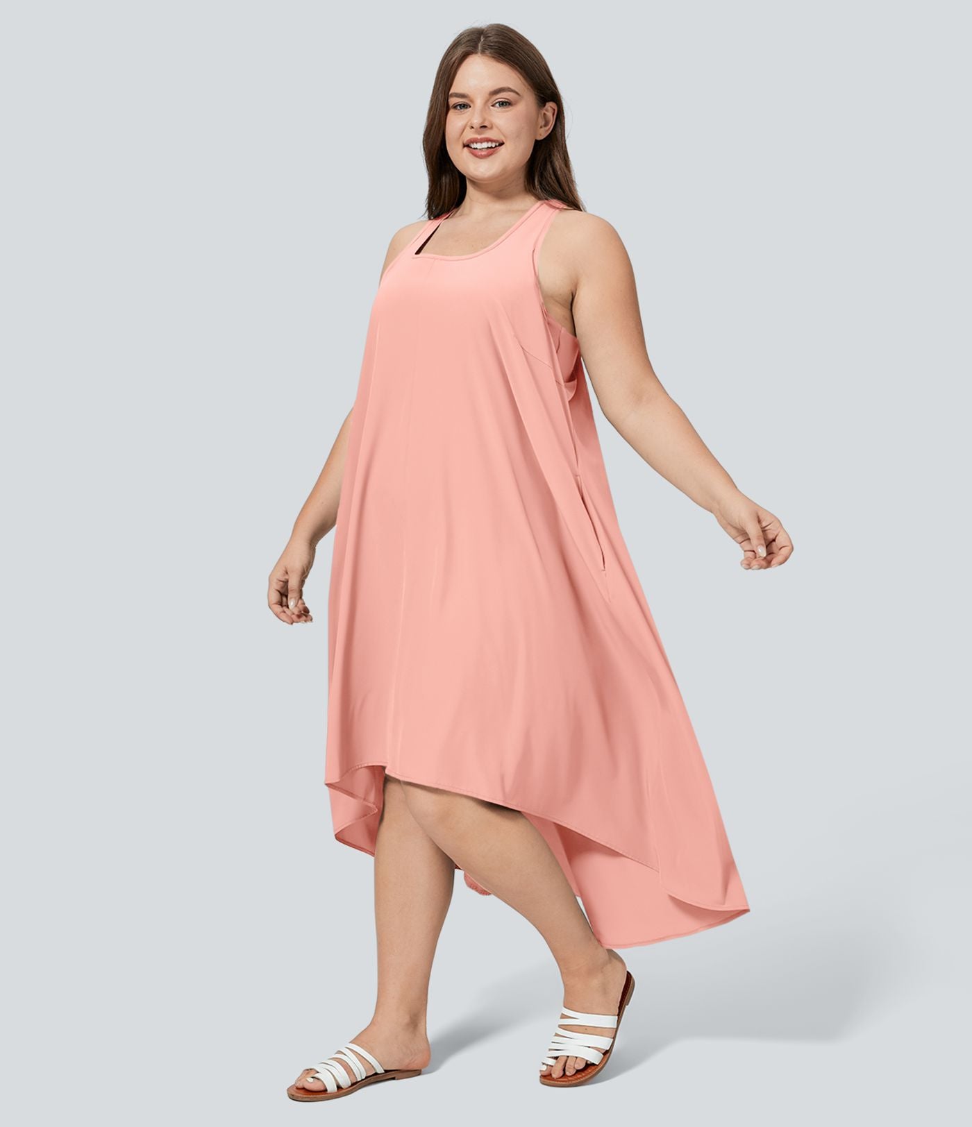 Breezeful™ Dos Nu Racerback Poche Latérale Haut Bas Fluide Midi Séchage Rapide Décontracté Robe Grande Taille