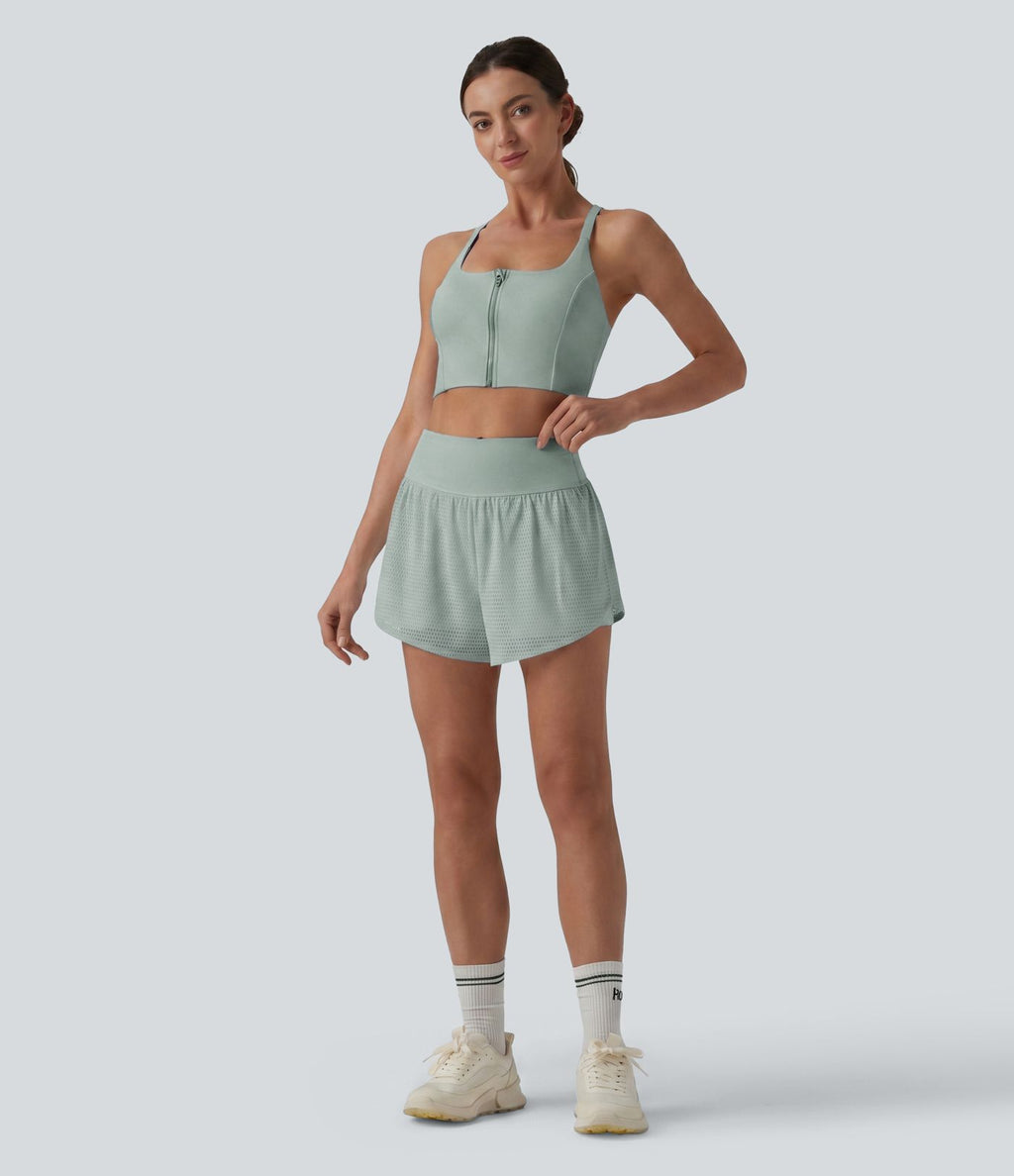 Short yoga 2-en-1 gainant taille haute à pois réfléchissants, ourlet arrondi croisé et œillets avec poches