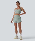 Short yoga 2-en-1 gainant taille haute à pois réfléchissants, ourlet arrondi croisé et œillets avec poches