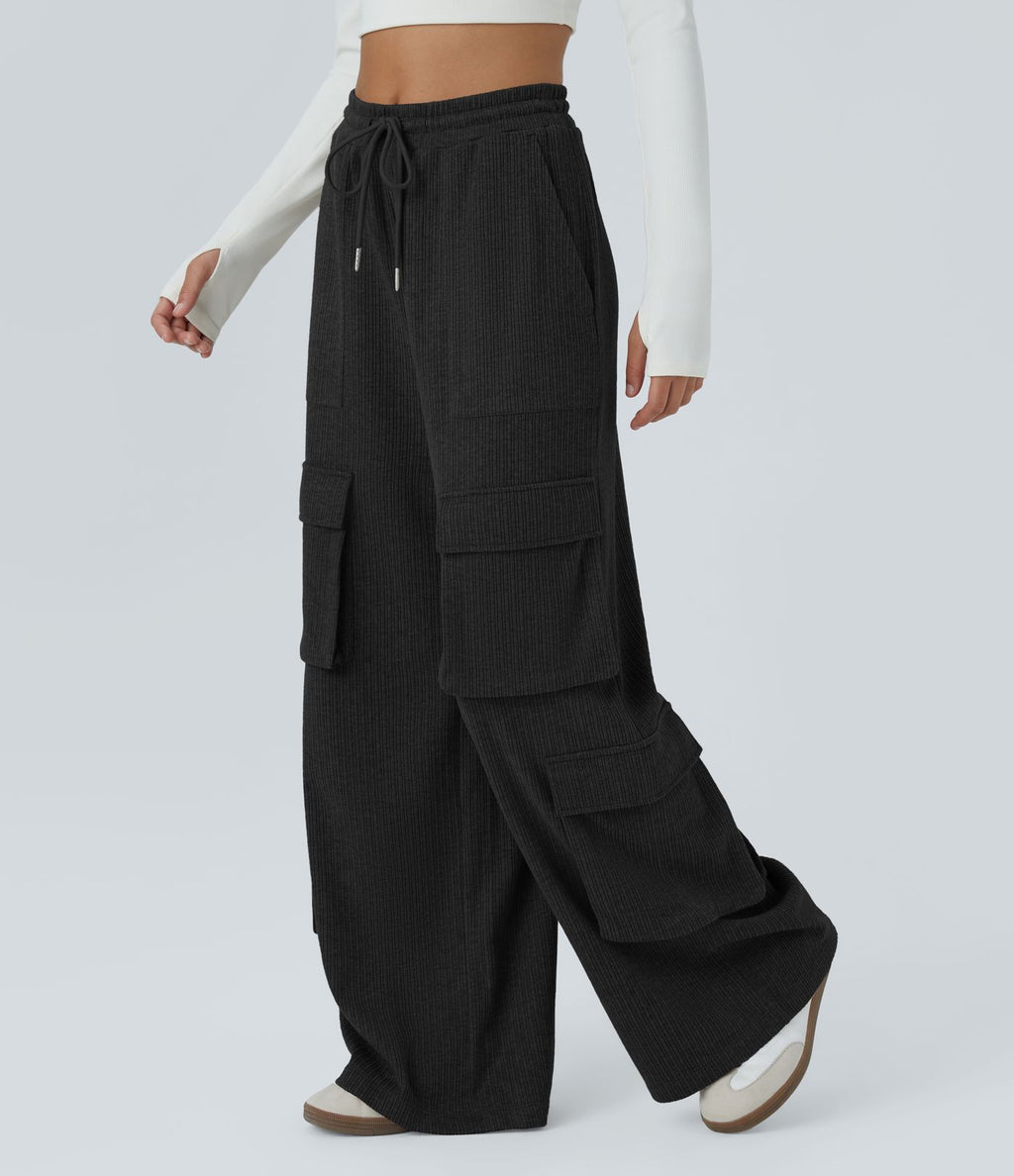Pantalon cargo décontracté large à cordon côtelé, taille mi-haute, avec poches