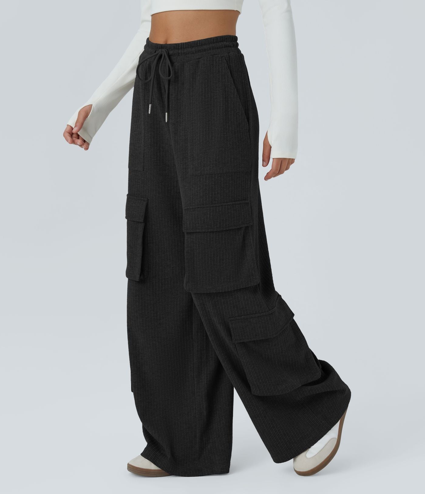 Pantalon cargo décontracté large à cordon côtelé, taille mi-haute, avec poches