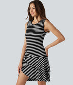 Robe mini décontractée à rayures col rond sans manches ourlet à volants superposés en maille côtelée
