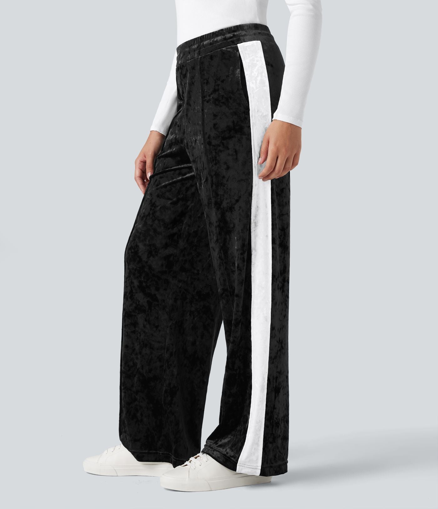 Pantalon velours coupe droite color block taille mi-haute avec cordon de serrage et poches