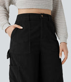 Pantalon décontracté droit en velours côtelé, taille haute, avec poches