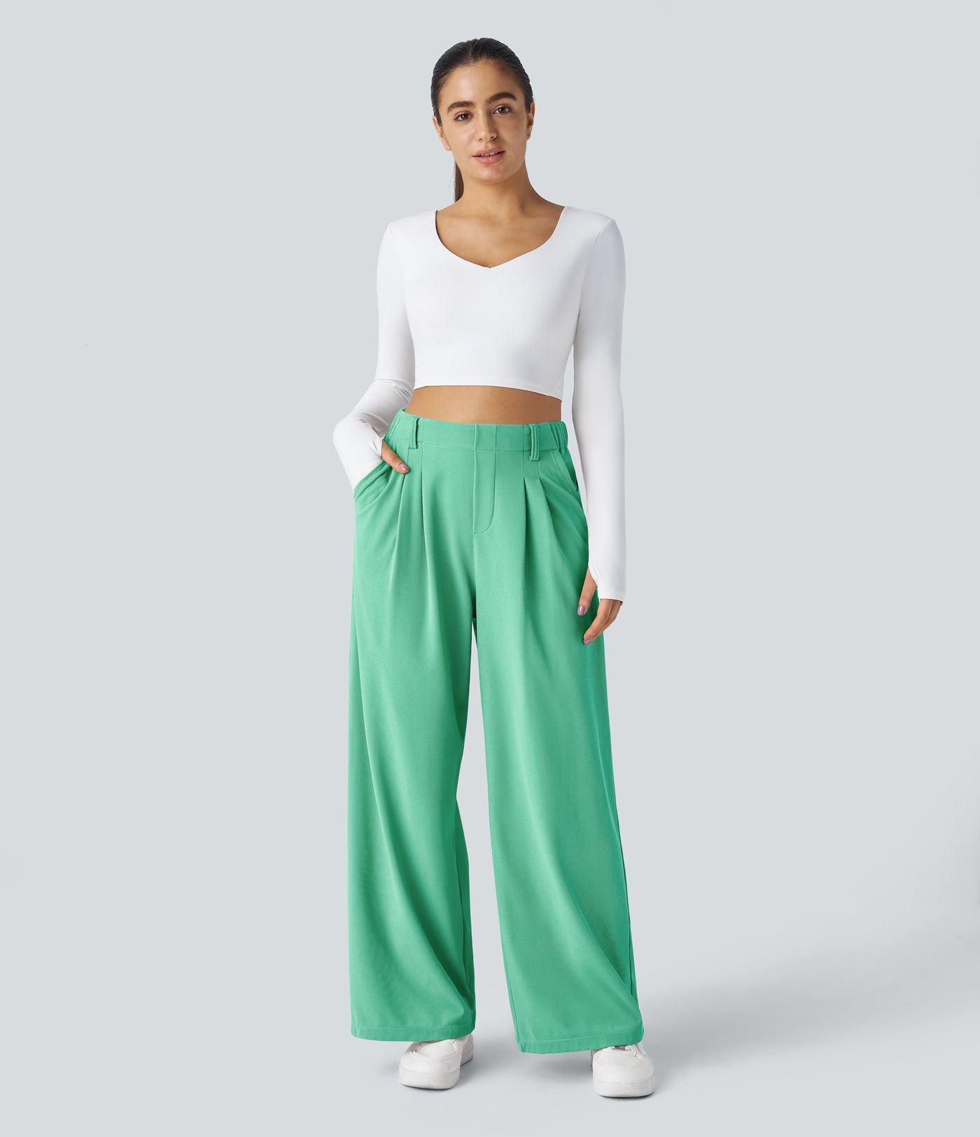 Halara Flex™ Pantalon Tailleur Large Fluide Gaufré Taille Haute Poches Latérales