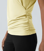 Blouse Travail Unie Froncée Croisée Manches Courtes Col en V