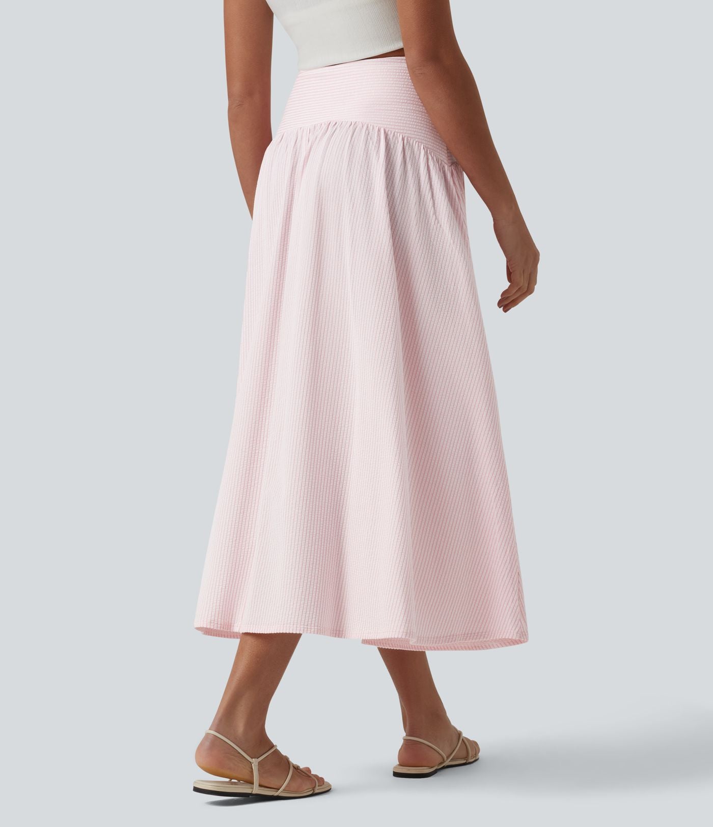 Jupe fluide midi casual taille haute à rayures en coton froissé, avec poches
