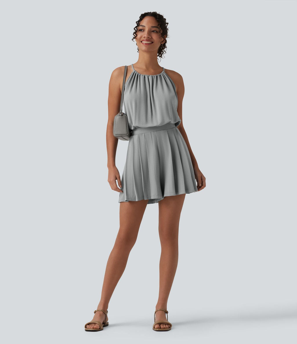 Combishort casual plissé col licou sans manches avec dos à nouer et poches – Easy Peasy