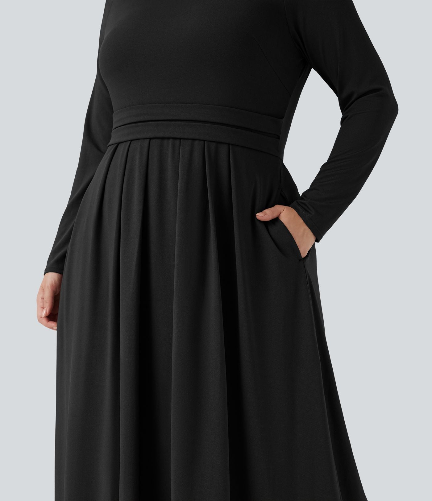 Robe décontractée maxi évasée grande taille col montant manches longues avec poches