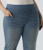 Jean décontracté Halara Flex™ grande taille bootcut taille haute en maille extensible délavée avec multiples poches