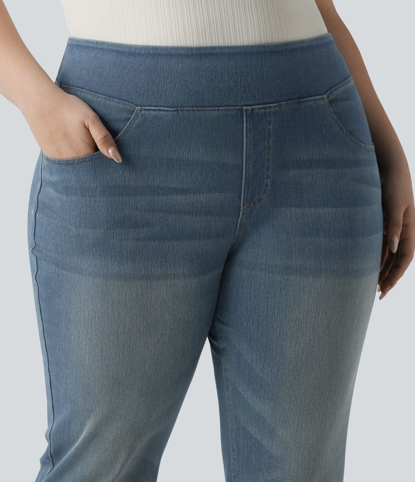 Jean décontracté Halara Flex™ grande taille bootcut taille haute en maille extensible délavée avec multiples poches