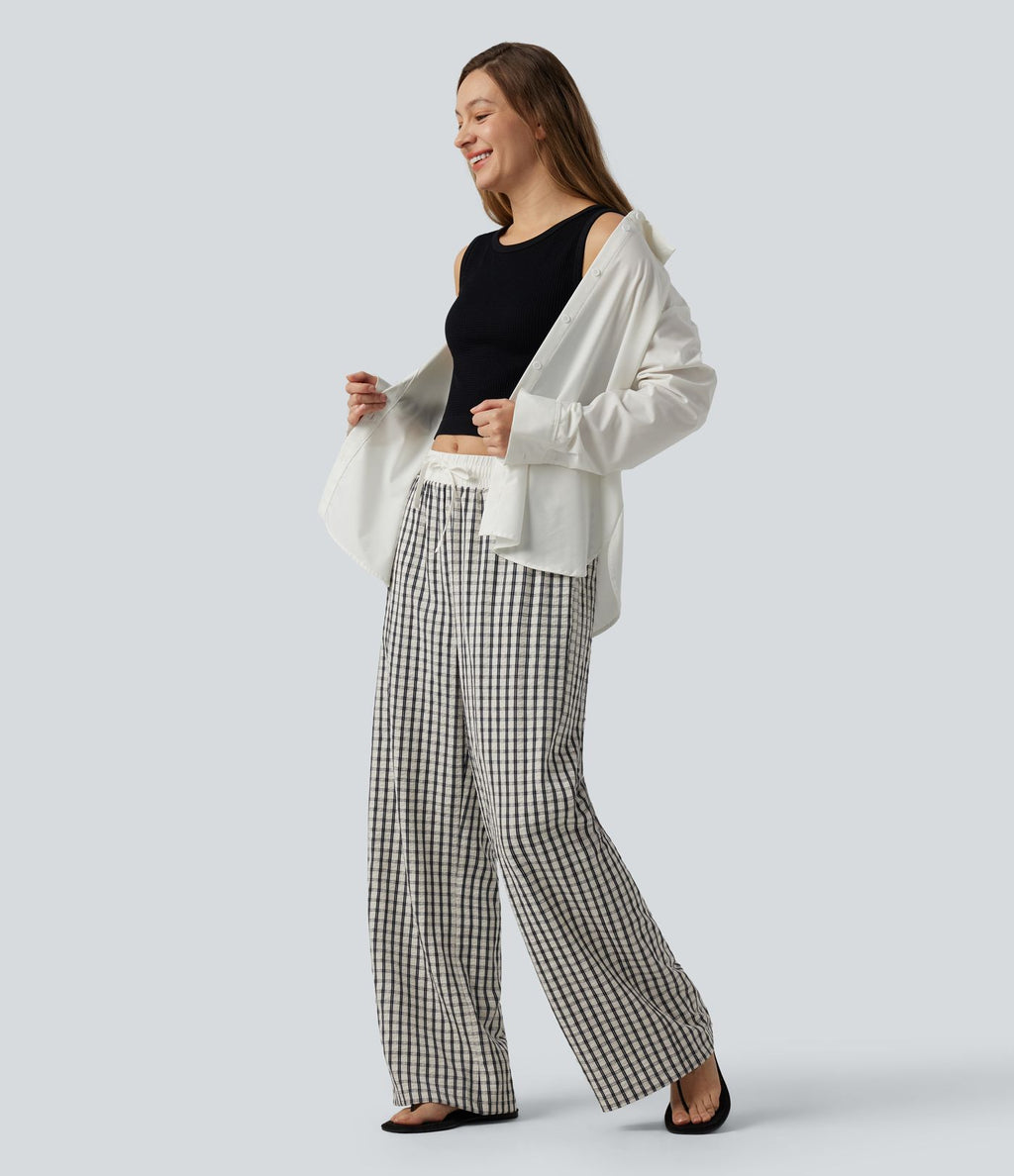 Pantalon large décontracté à carreaux taille mi-haute avec cordon de serrage et poches