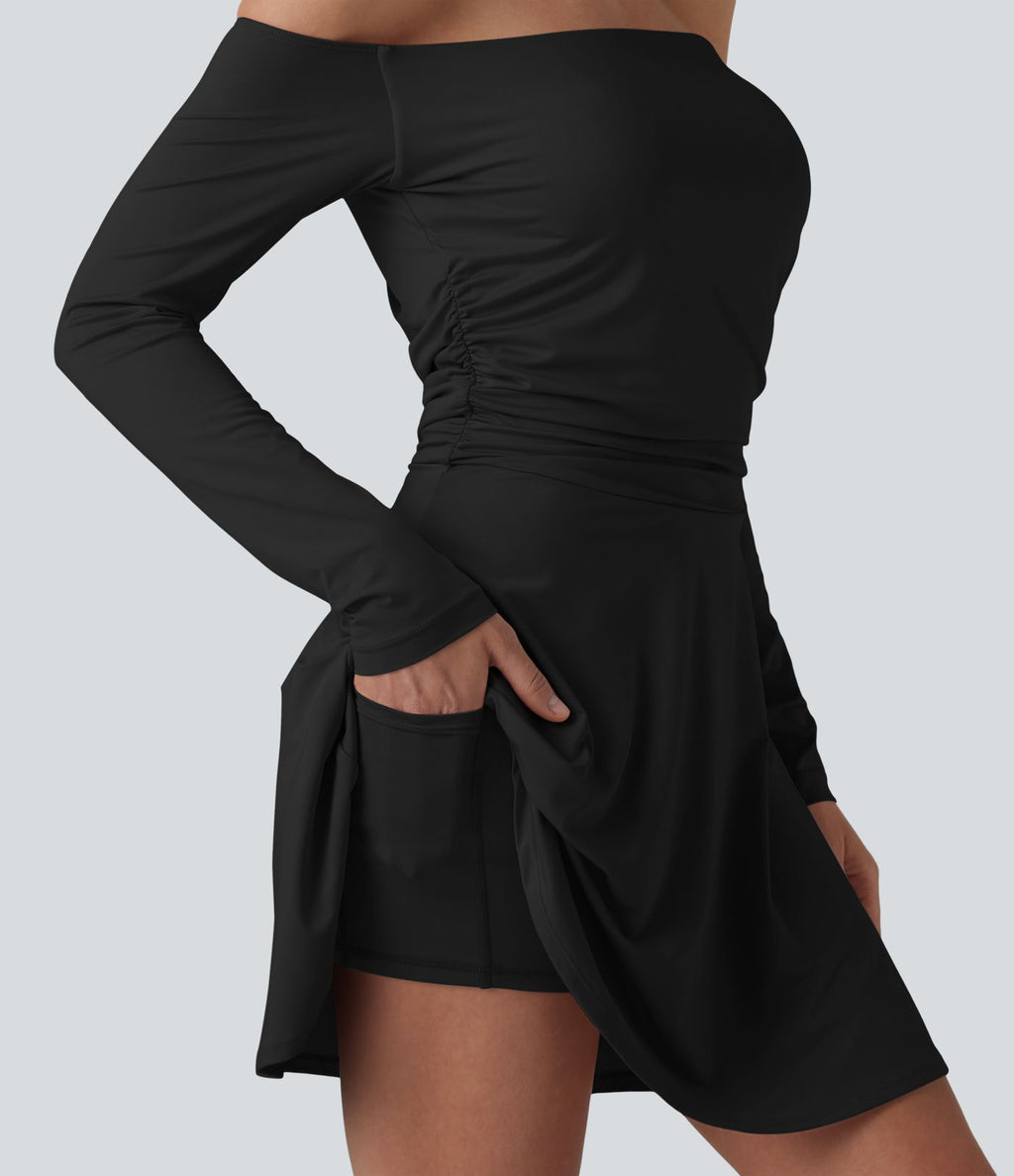 Robe décontractée 2-en-1, épaules dénudées, manches longues, fronces, brassière intégrée, à poche — Easy Peasy