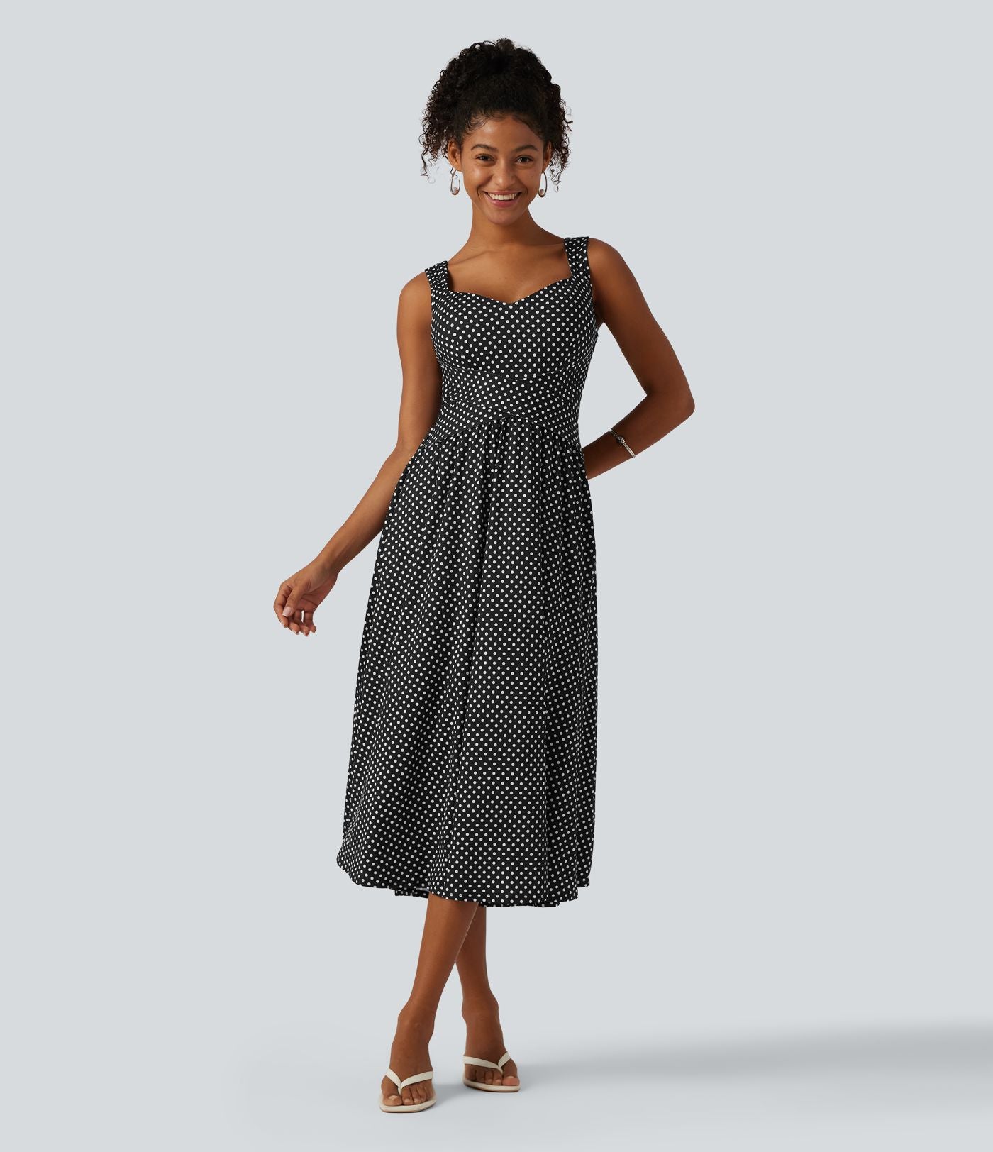 Robe midi casual fluide à pois sans manches dos nu avec brassière intégrée croisée et poches - Bonnets DD-F