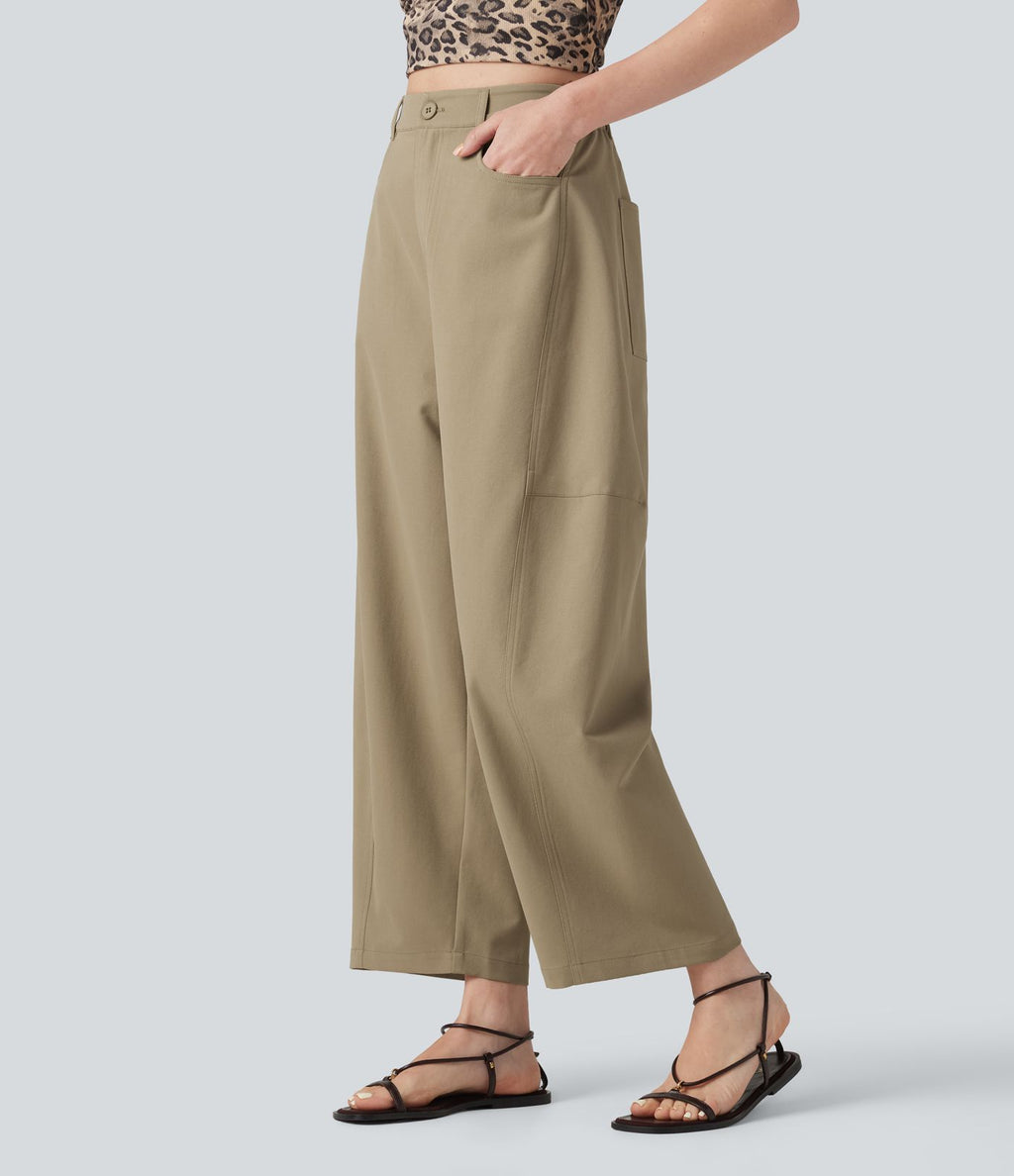 Pantalon décontracté coupe barrel taille haute avec poches