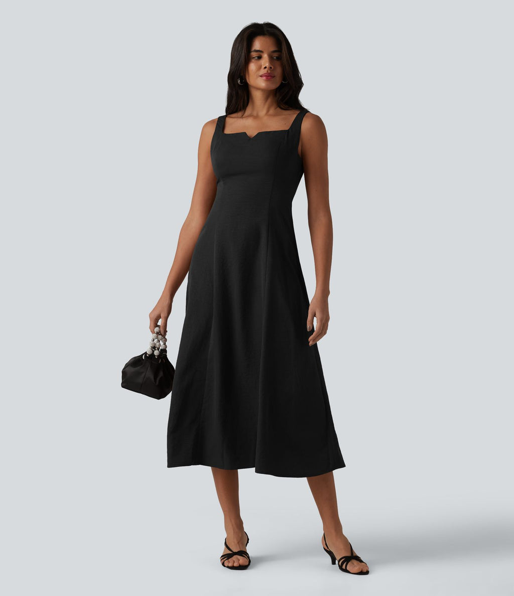 Robe mi-longue fluide froncée à col carré et encolure échancrée pour demoiselle d'honneur et invitée de mariage