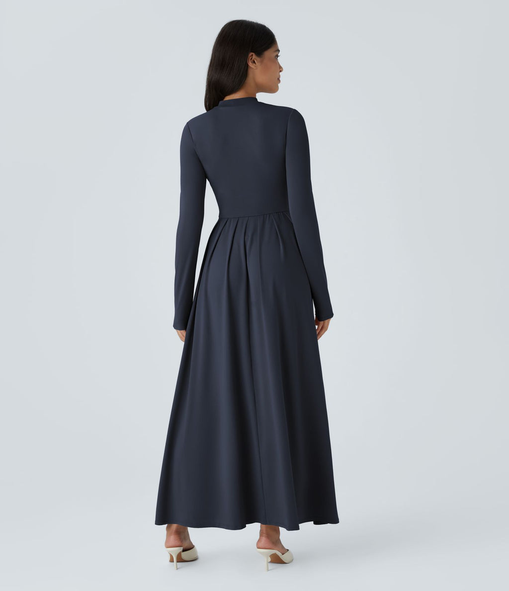 Robe longue décontractée à col montant, manches longues, plissée, avec poches latérales et coupe évasée