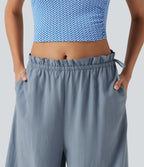 Pantalon baggy fluide casual en mélange de lin taille mi-haute à volants avec cordon et poches