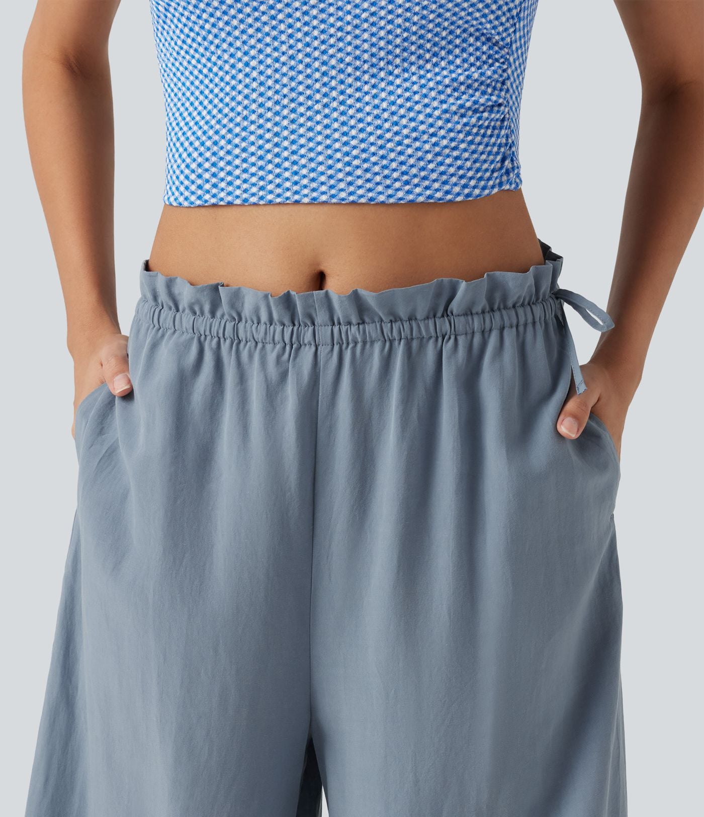 Pantalon baggy fluide casual en mélange de lin taille mi-haute à volants avec cordon et poches