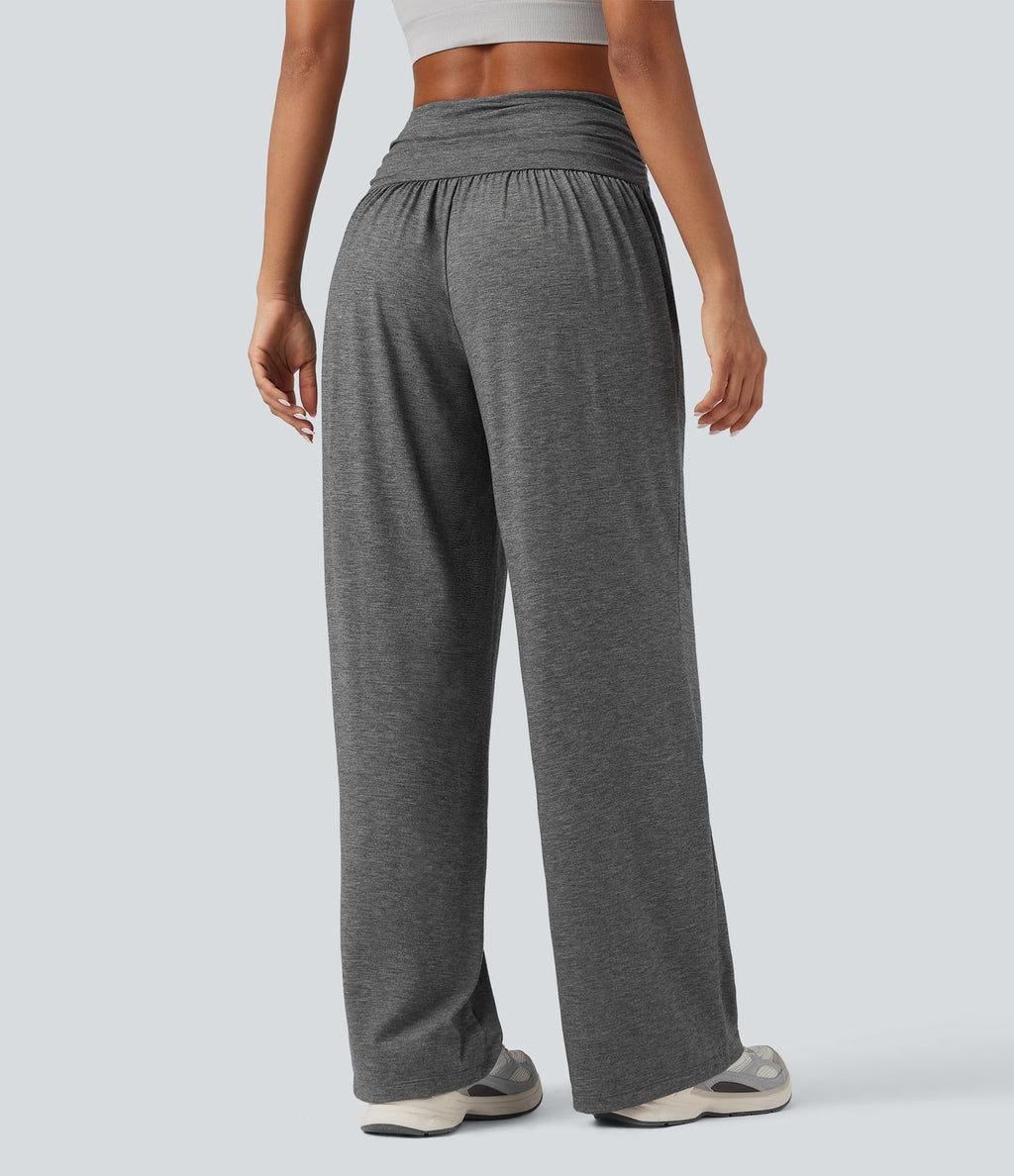 Pantalon de yoga large froncé chiné taille haute avec poches