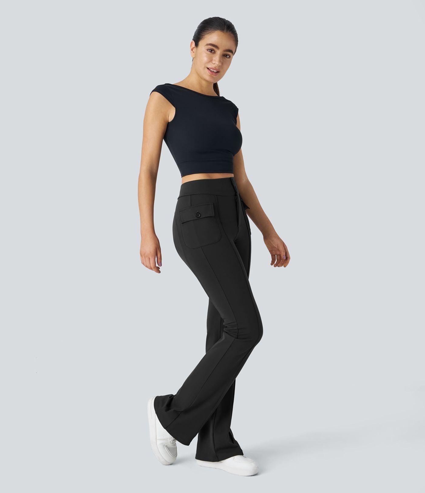 Pantalon cargo décontracté évasé taille haute avec poches à rabat latérales