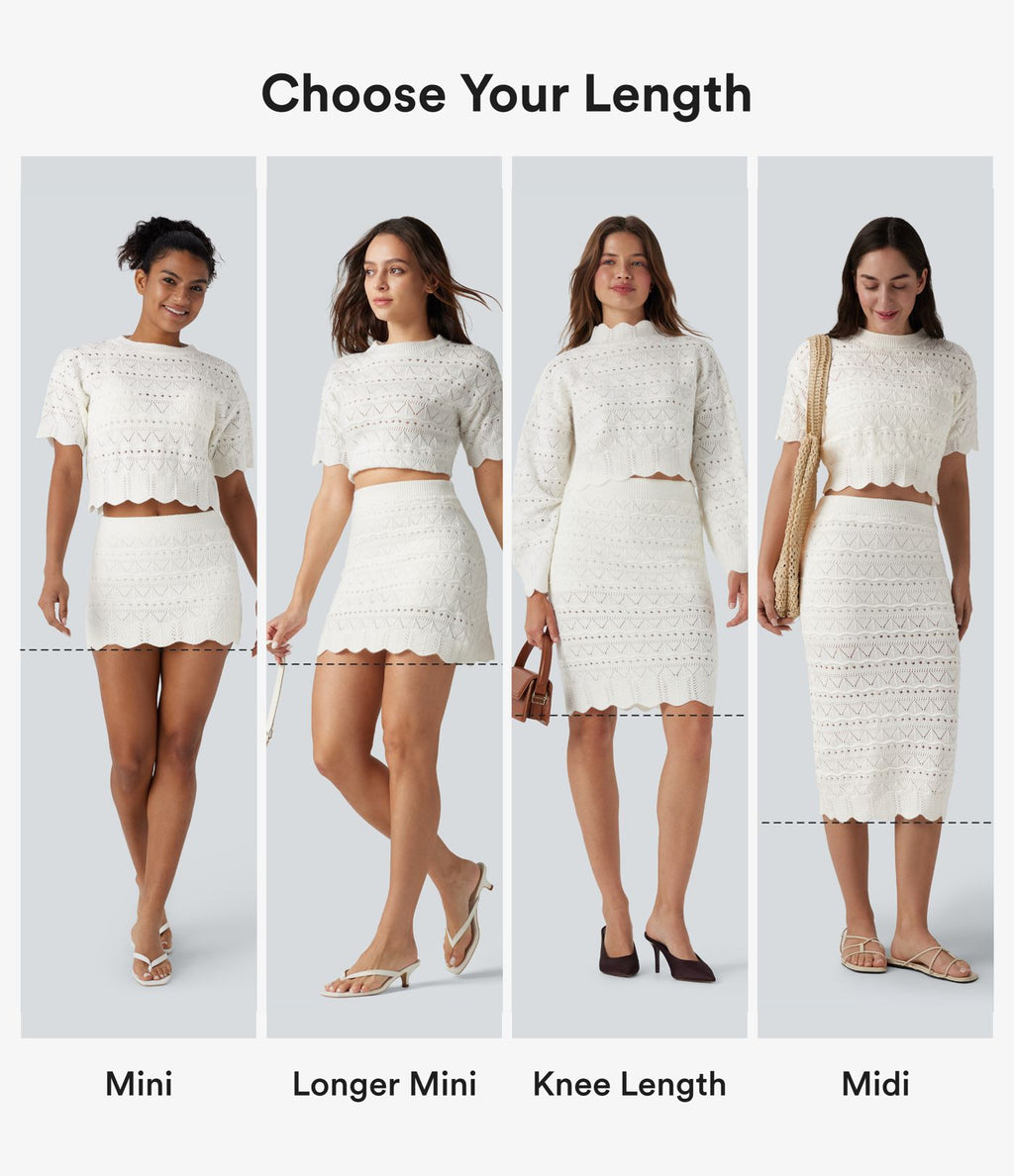 Jupe mi-longue maille ajourée 2-en-1 taille haute avec poches