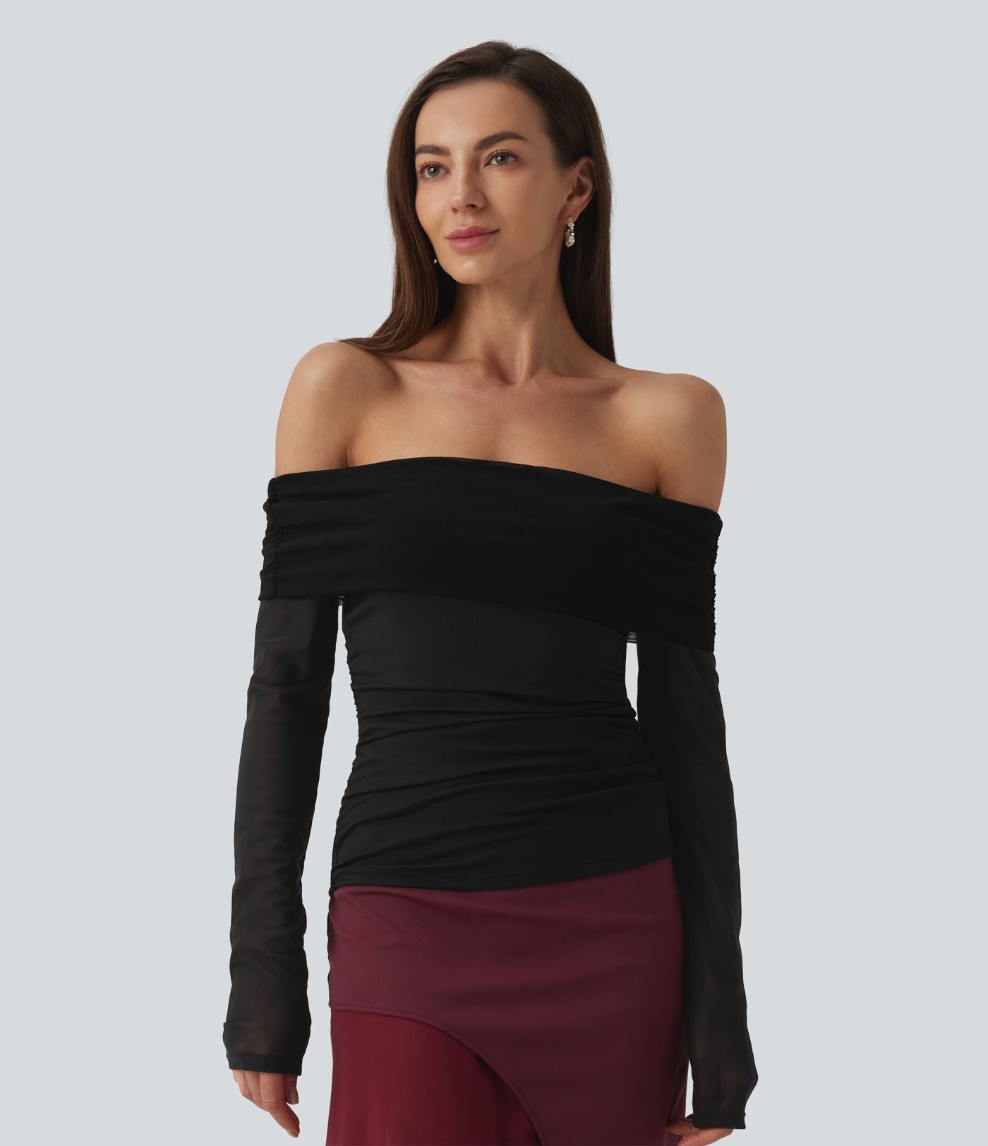 Haut SoftlyZero™ Plush épaules dénudées mesh manches longues