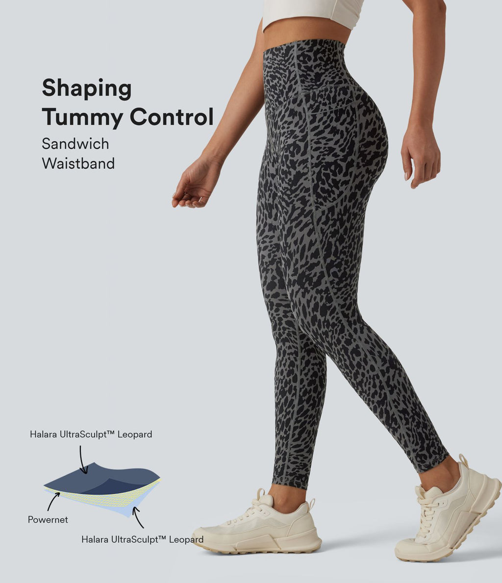 Legging de running 7/8 gainant Halara UltraSculpt™ imprimé léopard taille haute ventre plat avec poches