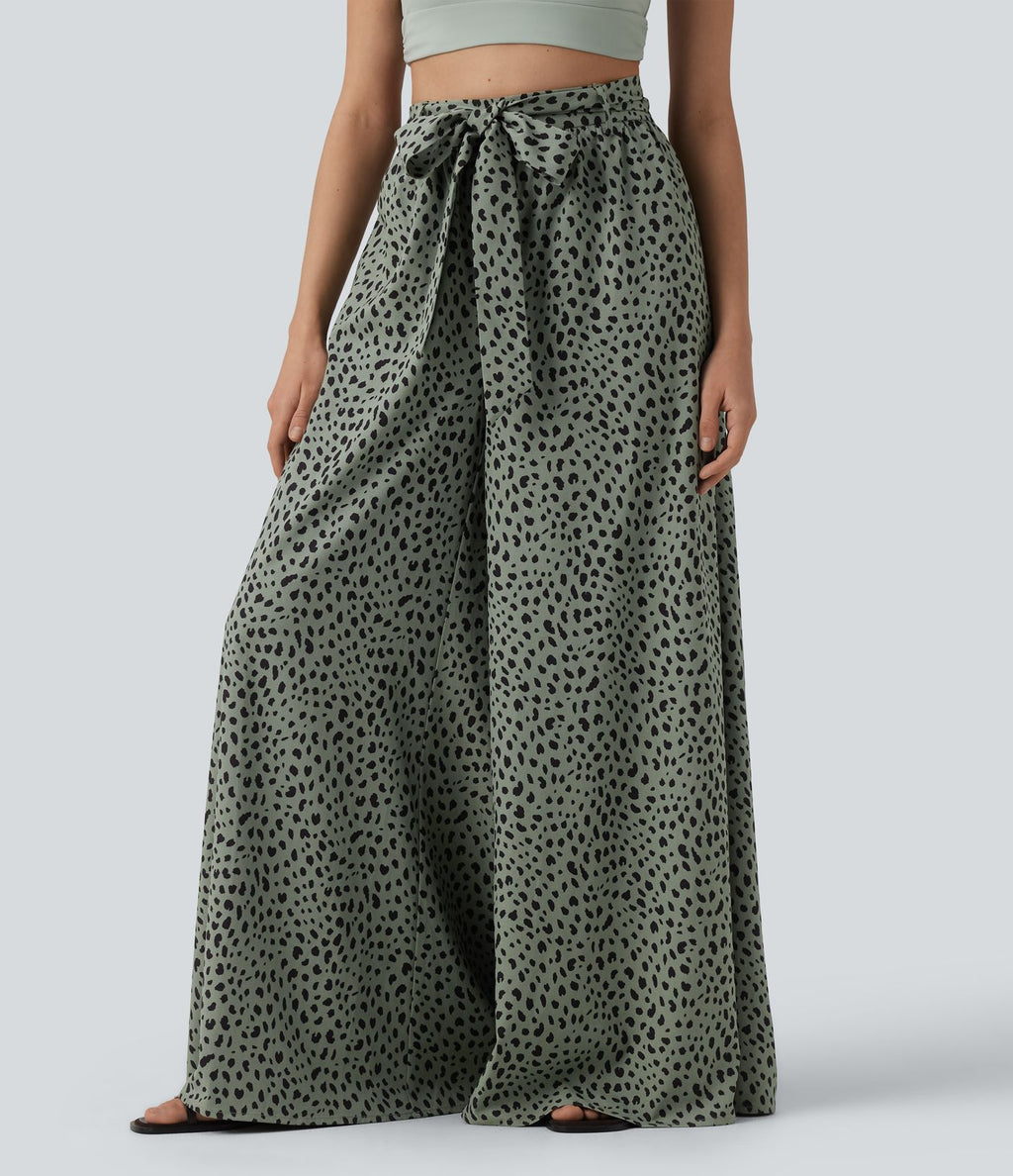 Pantalon casual large imprimé léopard taille haute avec nœud devant et poches