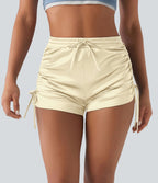 Short décontracté satiné taille haute avec cordon de serrage froncé et poche