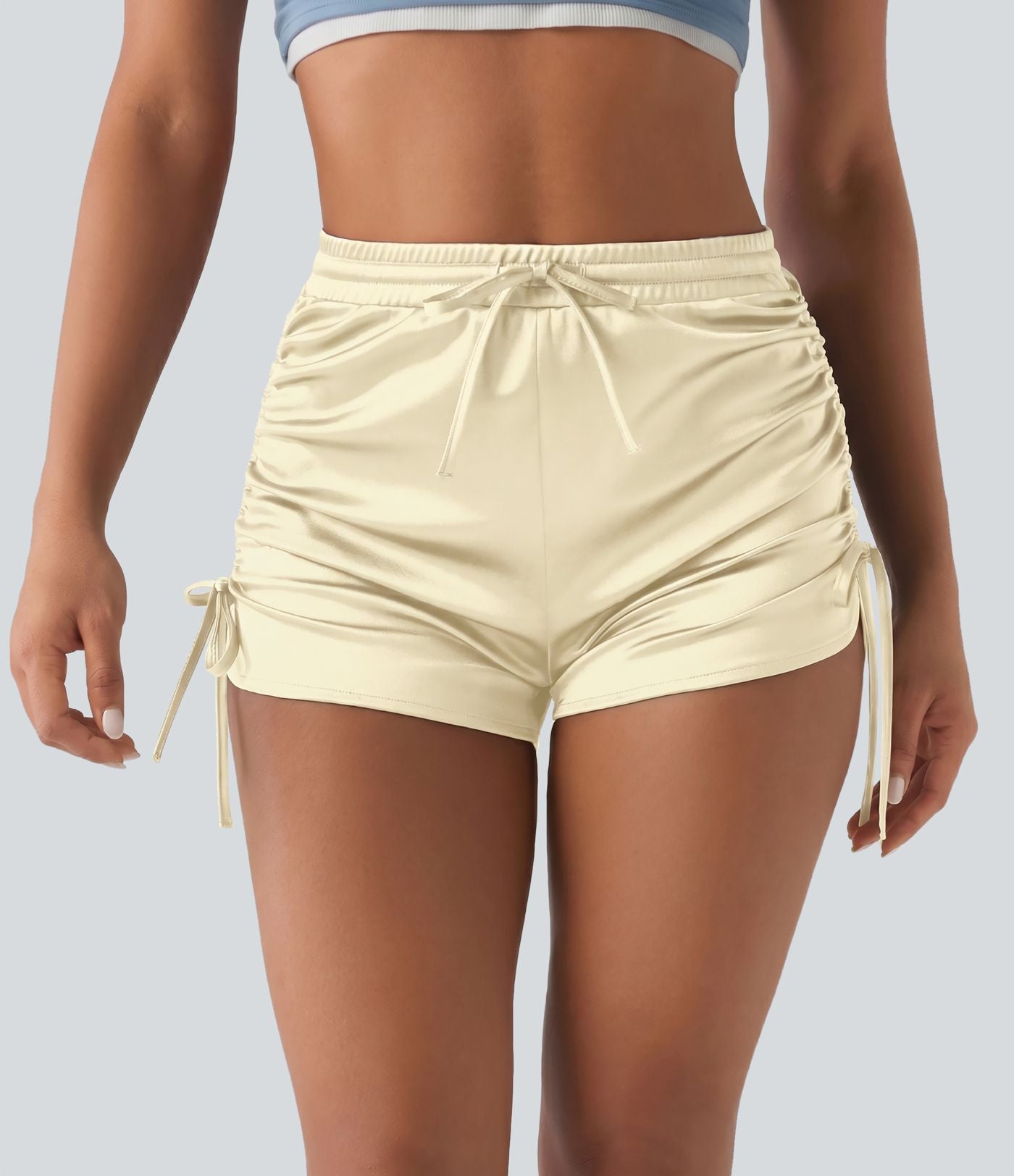Short décontracté satiné taille haute avec cordon de serrage froncé et poche