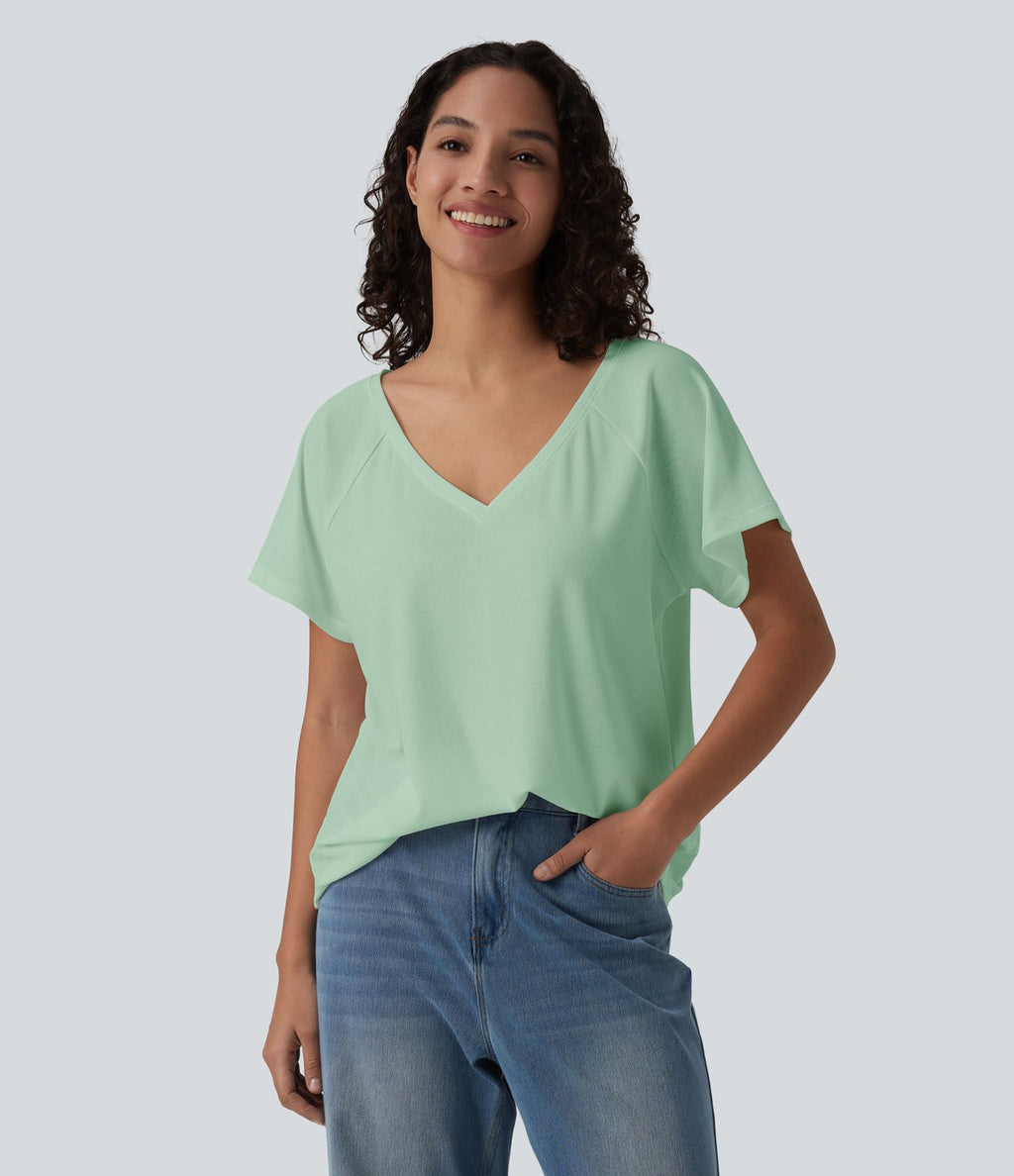 T-shirt casual col V manches raglan courtes coupe ample