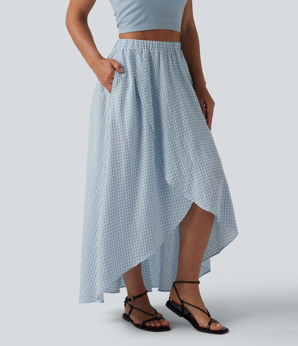 Jupe mi-longue décontractée fluide asymétrique taille haute à carreaux aspect lin avec poches