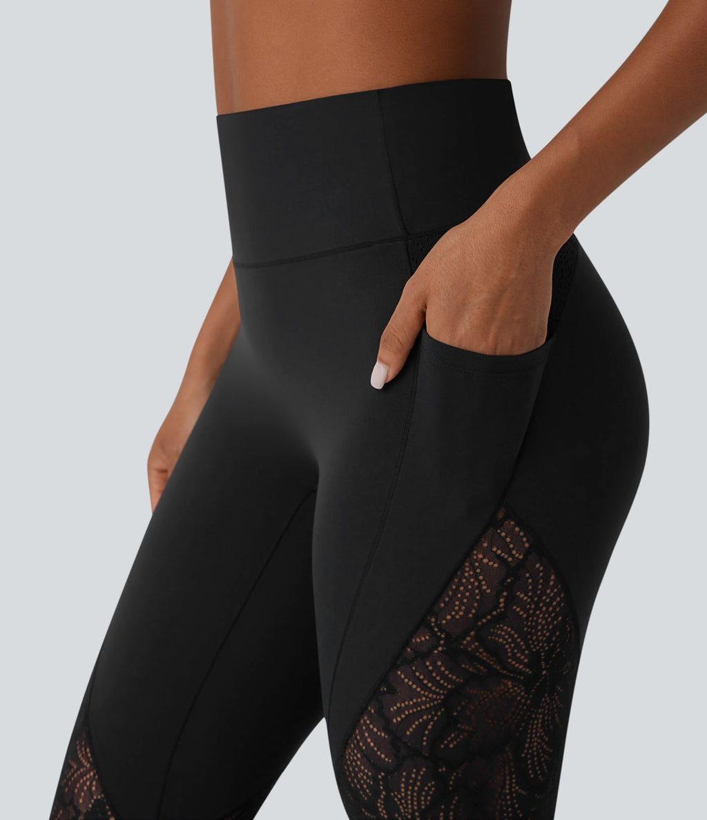 Legging de yoga 7/8 Softlyzero™ taille haute avec dentelle contrastée et poches latérales-UPF50+