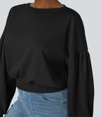 Sweat-shirt décontracté ample à col rond, épaules tombantes et manches évasées plissées