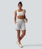 Short yoga 2-en-1 à rayures taille super haute 17,5 cm avec poches