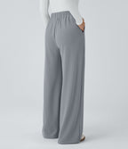 Pantalon taille haute décontracté large en maille gaufrée, avec poches