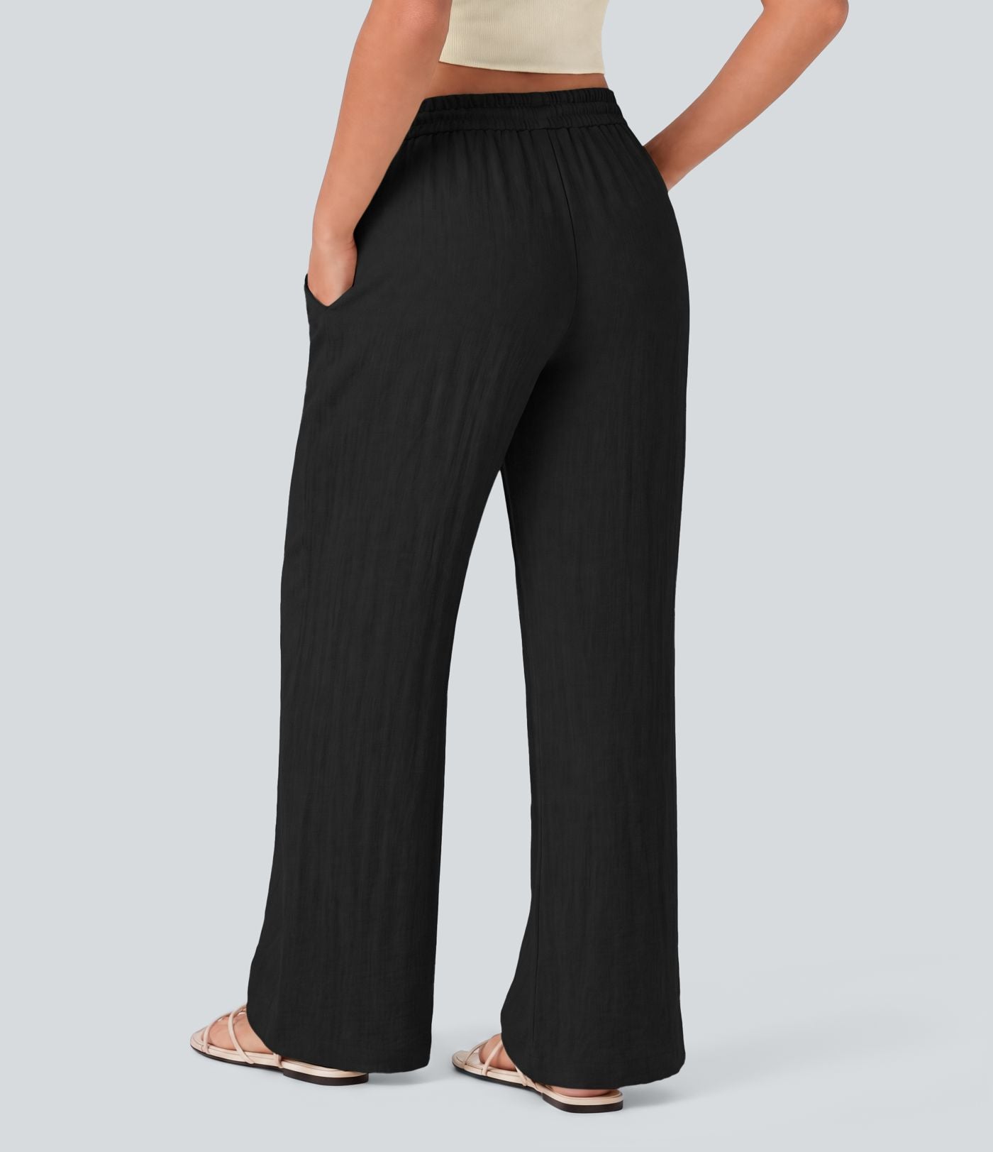 Pantalon baggy large casual effet lin taille basse avec cordon et poches