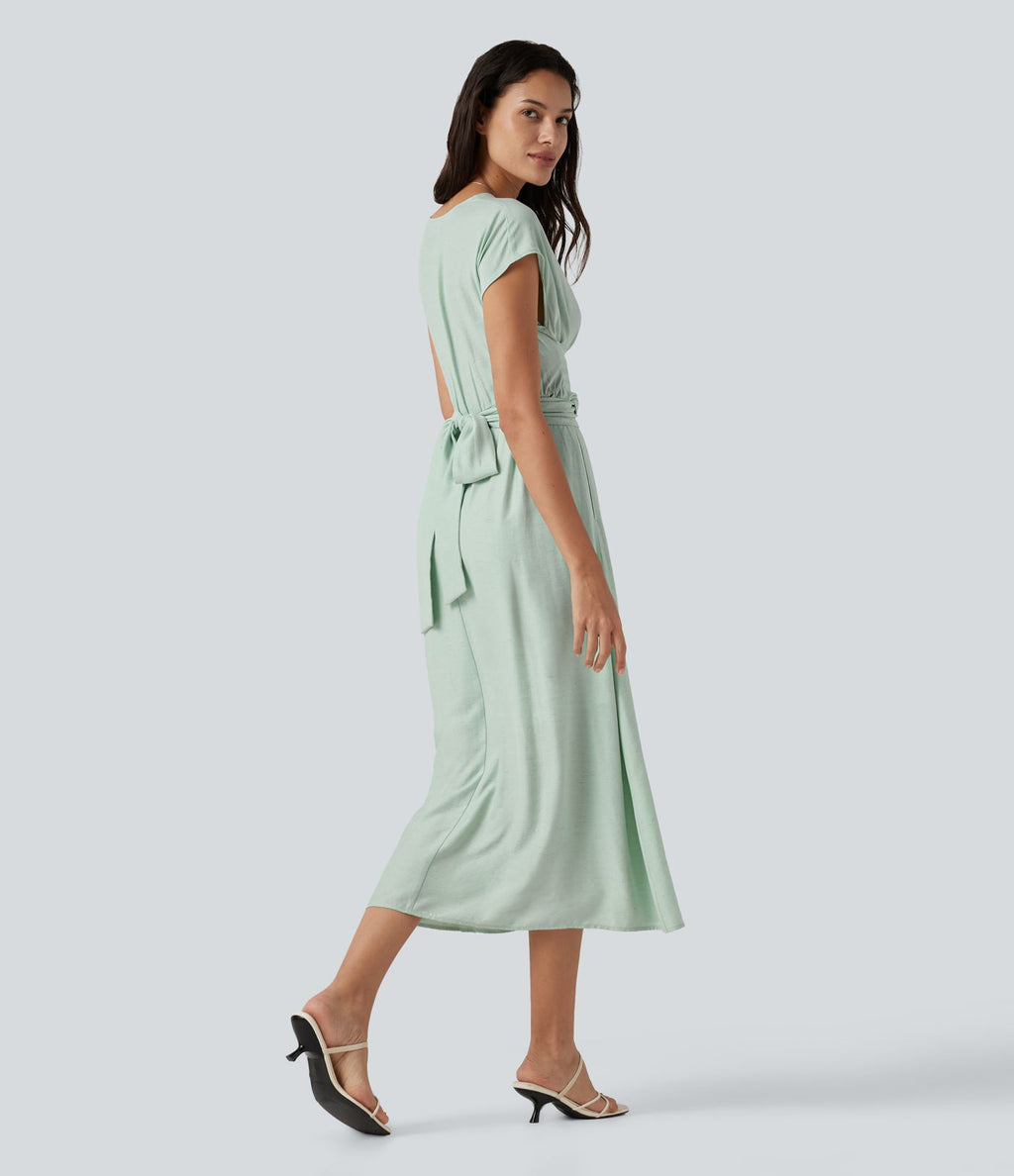 Robe midi casual fluide en mélange de lin col V à manches courtes avec dos noué et poches