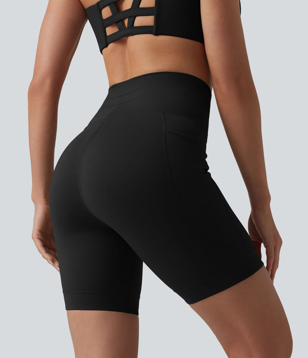 Short de cycliste yoga uni taille haute 17,5 cm avec cordon de serrage et poches