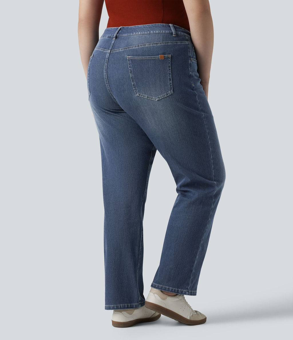 Jean décontracté Halara Flex™ grande taille, taille haute, multiples poches, jambes droites, effet délavé, en maille extensible