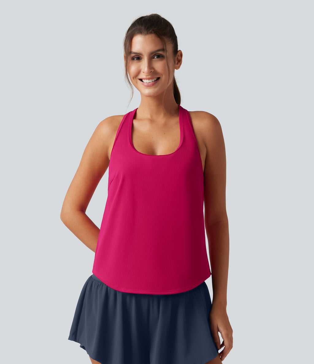 Débardeur de yoga à encolure U, ourlet arrondi, toucher frais, séchage rapide, coussinets amovibles et protection solaire UPF 50+