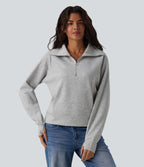 Sweat-shirt décontracté col revers demi-zip manches longues avec trous pour pouces et poches