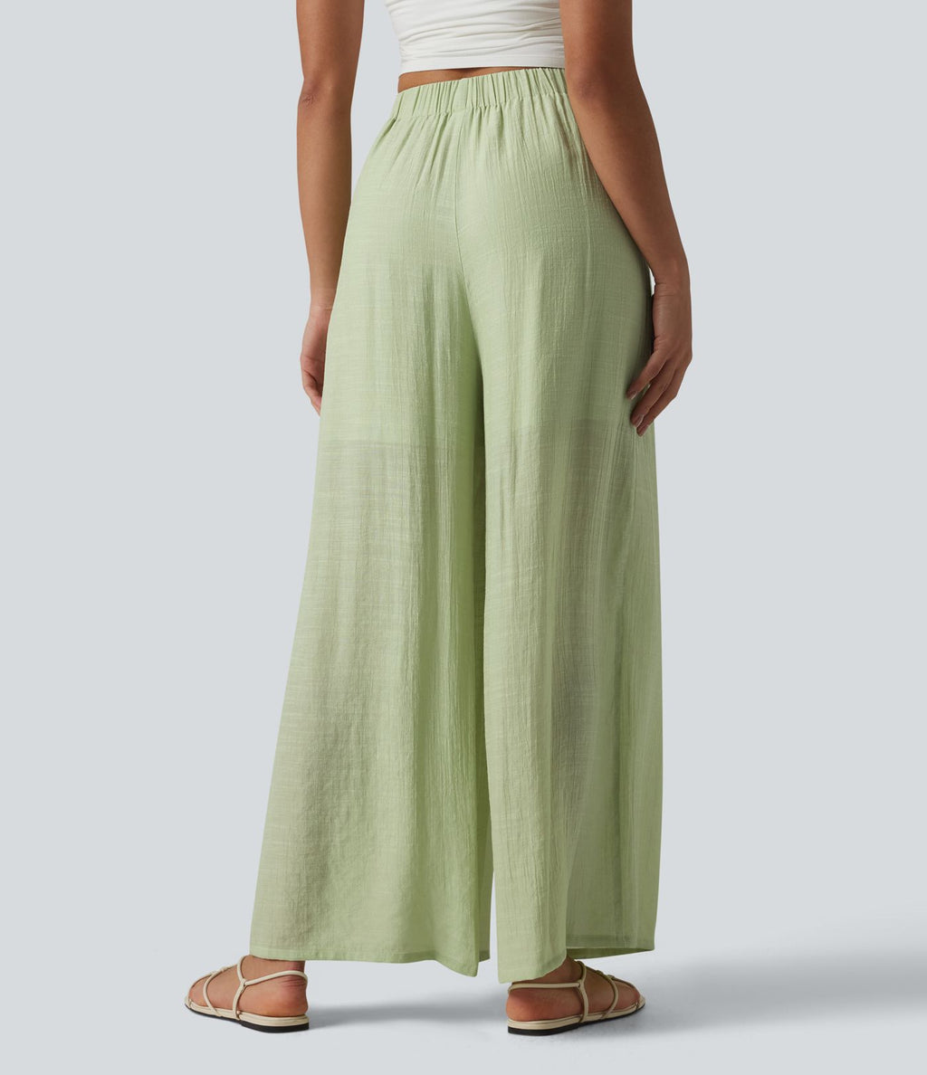 Pantalon large fluide décontracté taille haute aspect lin avec poches