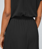 Combinaison Casual Col en V Jambes Large Plissée Manches Courtes Poche Latérale Gaufrée Fluide