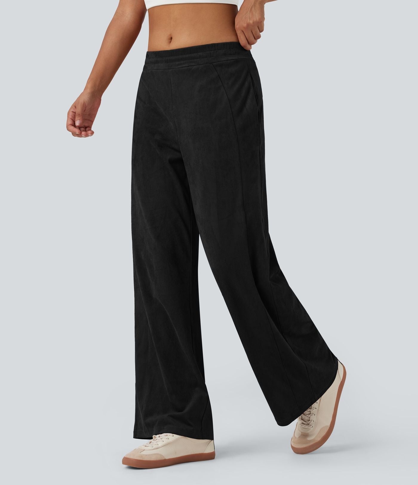 Pantalon ample décontracté suédine taille mi-haute avec poches